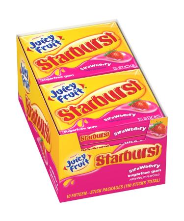 JUICY FRUIT STARBURST Chewing Gum, Strawberry, 15 Count (Pack of 10)