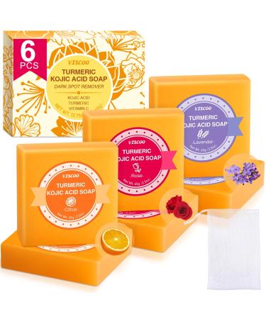 Kojic Acid Soap 3 Fragrances Turmeric Soap Bar Dark Spot Remover for Face and Body Contains Vitamin C Hyaluronic Acid Shea Butter Even Tone Skin with Bubble Net(6 Pack) Lemon 1 Ounce (Pack of 6)