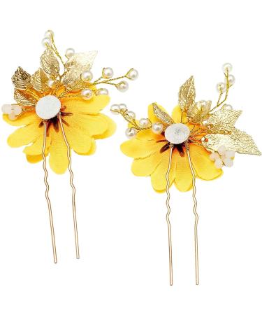 BETITETO Bridal Sunflower Hair Pins - 2Pcs U-Shaped Pearl Gold Leaf Boho Headpiece for Wedding - Buy Online on GoSupps.com