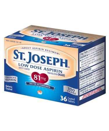 St. Joseph Aspirin Pain Reliever (NSAID) 81mg Enteric Safety Coated Adult Low Dose Regimen 36 ct