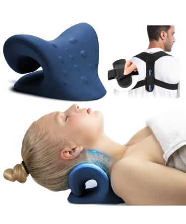 FSA HSA Eligible iBYWM Neck and Shoulder Relaxer with Posture Corrector Back Brace, Neck Stretcher Cervical Traction Device for Spine Alignment, Upper Back Support Adjustable Straightener (Dark Blue)