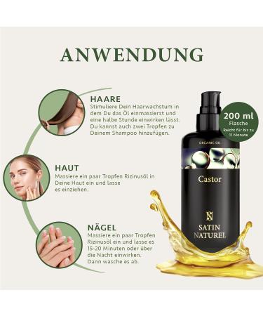 Organic Cold-Pressed Castor Oil 200ml - 100% Pure Natural Vegan Hair Growth Oil for Eyelashes Eyebrows Nails - Cruelty-Free | Satin Naturel - Buy Online on GoSupps.com