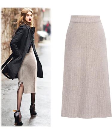 Sanahy Women's Ribbed Knit Midi Skirt 4XL Beige | High Waist Bodycon Pencil Skirt - Buy Online on GoSupps.com