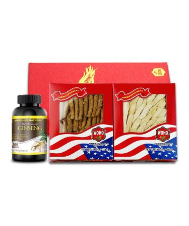 Premium Gift Box Bundle: 1 Box of Ginseng Slice Medium 4 oz + 1 Box of Ginseng Half Short Small 4 oz + Free WooHoo Ginseng 100 Capsules