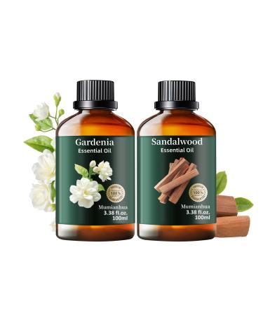 Pure Gardenia & Sandalwood Essential Oil Set Natural Floral Woody Oil Duo for Reed Diffuser Skin Hair Care Perfume Candle Making Evening Relaxation 2 x 3.38 Fl Oz