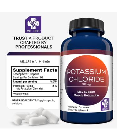 MD Life Potassium Chloride Supplement - Third Party Lab Tested - 99mg 90 Count - Potassium Chloride Capsules May Help Support Muscle Function & Healthy Blood Pressure Vegetarian Potassium Supplement - Buy Online on GoSupps.com
