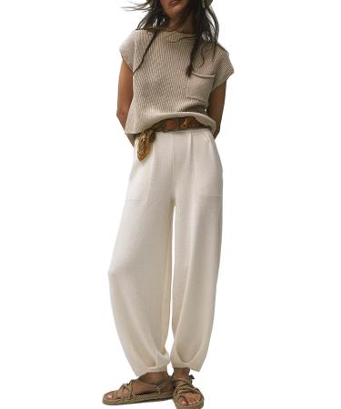 Ugerlov Women's Two Piece Outfits Sweater Sets Knit Pullover Tops and High Waisted Pants Lounge Sets White Small