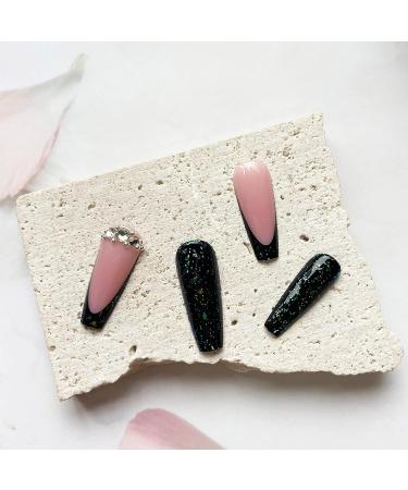 Green Rhinestone French Tip Press on Coffin Nails - Medium Full Cover Glitter Acrylic False Nails for Women - Buy Online on GoSupps.com