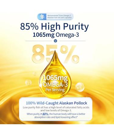 Nutrasumma High Purified Omega 3 Supplement Wild Alaskan Fish Oil Burpless & No Fishy Taste, 650mg EPA &270mg DHA of 1250mg Fish Oil softgels, Gluten Free, Heart, Brain& Immune Support, 60 Servings - Buy Online on GoSupps.com