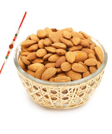 Ghasitaram Gifts Rakhi Gifts for Brothers Cane Glass Bowl with Almonds with Rudraksh Rakhi
