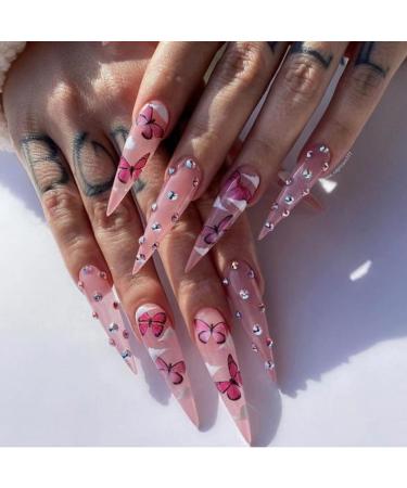 JUSTOTRY 24 Pcs Stiletto Butterfly Fake Nails Long Pink French Press on Nails Patterns Beautiful Cloud Almond Stick on Nails for Women Acrylic Extra Long False Nails Long with Glue for Nail Art Butterfly& Stiletto1