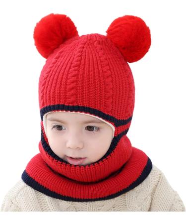 Baby Balaclava Kids Winter Hat with Double Pom Pom Design - Cute Small Bear Beanie Cap for Baby Girls Boys - Warm Knitted Hood Scarf - B-D One Size - Buy Online on GoSupps.com