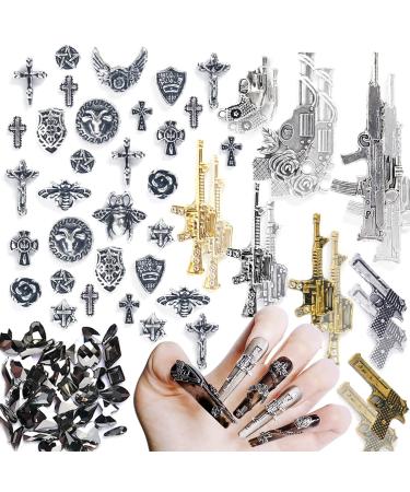 100pcs 3D Nail Charms Vintage Sliver Cross Black Rhinestones for Acrylic Nail Art Gems Punk Metal Alloy Nail Supplies Decoration Accessories Craft DIY Resin Jewels Multi Shape