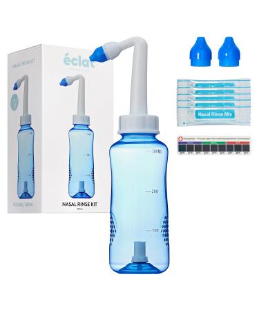 ECLAT Nasal Rinse Kit - Gentle Pressure Nasal Irrigation, Smart Control Auto Flow On/Off Valve, BPA-Free Nose Wash Cleaner Sinus Clearer for Kids & Adults with Cap, 2 Nozzles and 40 Salt Packs (300mL)