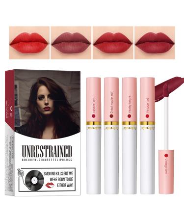 4 Colors Matte Lipstick Set Waterproof Lip Tint Stain Velvet Liquid Lipstick Lip Stain Long Lasting 24 Hours(Set 3) Vibrant Red+Dried maple leaf+Vitality bright+Vintage Red