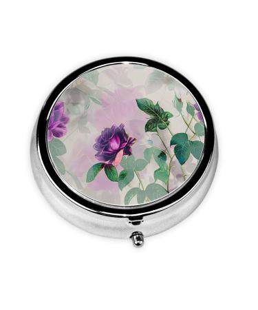 Purple Roses Portable Metal Pill Box Round Mini 3-Compartment Plastic Insert hinged Fastening Design Suitable for Small Pills Must-Have for Travel