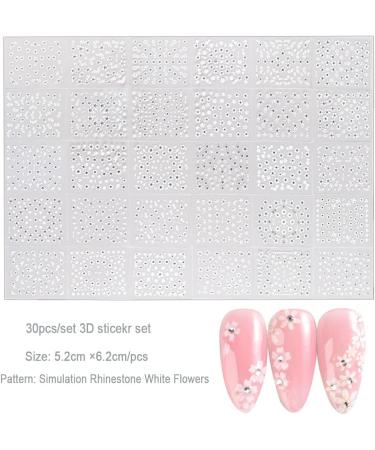 30 Sheets White Flower Nail Art Stickers with Rhinestones | 3D Self Adhesive Nail Decals for Creative Nail Designs | International Shipping Available - Buy Online on GoSupps.com
