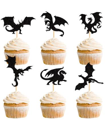 Keaziu 24 PCS Black Dragons Cupcake Toppers Black Glitter Cake Picks Six Dinosaur Combinations Cupcake Topper for Dragon Themed Party Baby Shower Birthday Theme Party Cake Decorating Black Six Black 6