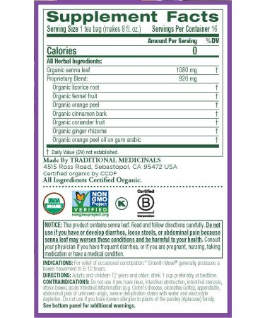 Traditional Medicinals Organic Smooth Move Senna Tea - 96 Tea Bags, Herbal Laxative for Constipation Relief - Caffeine Free (6 Pack) - Buy Online on GoSupps.com