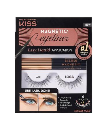 KISS Magnetic Eyeliner & Lash Kit  Lure  1 Pair of Synthetic False Eyelashes With 5 Double Strength Magnets and Smudge Proof  Biotin Infused Black Magnetic Eyeliner with Precision Tip Brush Black 2 Piece Set