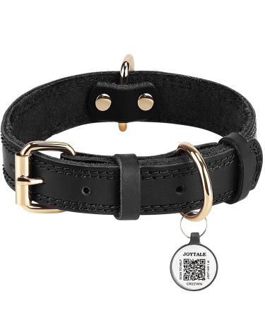 Joytale dog collar leather with QR ID day soft real leather dog collar durable and adjustable for large dogs black l l (38-48cm) black