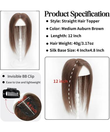 Silk Base Real Human Hair Topper for Thinning Hair Women - Medium Auburn Brown (6#) 12inch - Buy Online on GoSupps.com