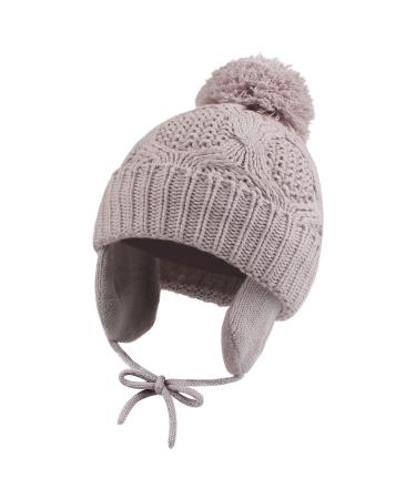 Pesaat Knitted Baby Winter Beanie Earflap Warm Hat for Infant Toddler Boys Girls Fleece Lined Beanies with Pompom 0-6 Months Grey