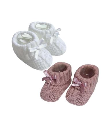 Royal Icon Newborn Baby Boys Girls Booties Baby Booties with Bow Soft Knitted Baby Bootees 0-3 Month Newborn Booties for Babies Ideal for Indoor and Outdoor Use RI354 3 Months White Rose Gold Ri354