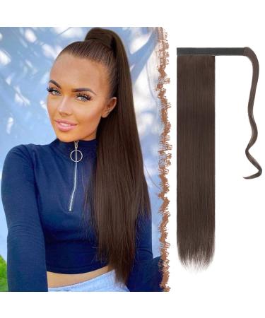 FESHFEN Straight Long Wrap Around Ponytail Extensions 28 Synthetic Hair Piece Clip in Ponytail Hair Extensions Hairpiece for Women Girls 28 Inch (Pack of 1) 2/33# Reddish Dark Brown-Wrap Around