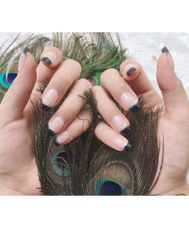 French Fake Nails - Nude & Black Glitter Artificial Nails for Daily Wear | Medium Size False Nails - Buy Online on GoSupps.com