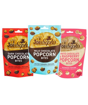 Joe & Seph's Salted Caramel Chocolate Popcorn Bites 63g 3 Pack - Dark Chocolate Milk Chocolate and White Chocolate & Raspberry Popcorn Bites