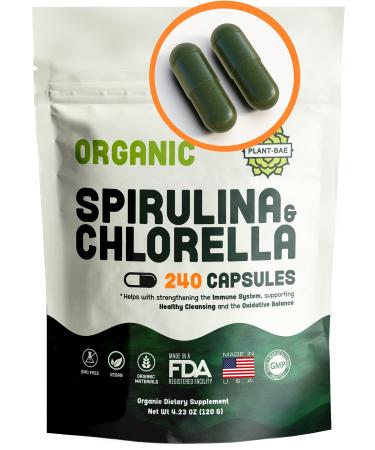 Spirulina and Chlorella Capsules Organic Detox 240 Count Made in The USA - Supports Optimal Energy - Wide Range of Antioxidants