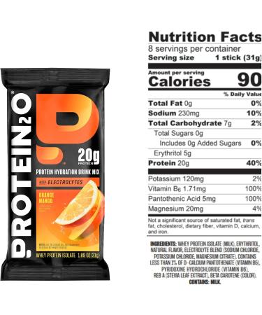Protein2o 20g Whey Protein Isolate Clear Protein Powder 370mg of Electrolytes Vitamins B5 & B6 Sugar Free Orange Mango 8-Pack Orange Mango Powder (8 Sticks) 1.09 Ounce (Pack of 8) - Buy Online on GoSupps.com