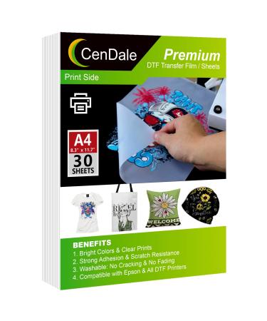 CenDale DTF Transfer Film - A4(8.3 x 11.7) 30 Sheets Double-Sided Matte Clear PreTreat Sheets- PET Heat Transfer Paper for DYI Direct Print on T-Shirts Textile A4-30 sheets - Buy Online on GoSupps.com