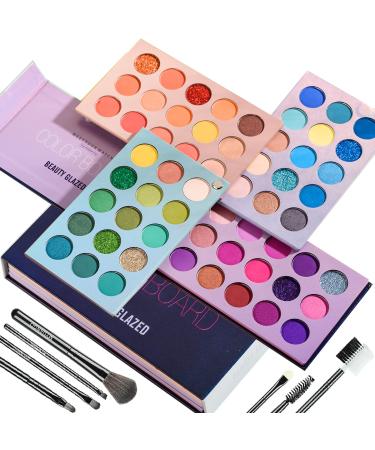 Beauty Glazed Eyeshadow Palette Color Board 60 Color Eye Shadow Palette Sets 4 in 1 Make Up Palate With Brushes Mattes Metallic Shimmers Violet Cream Makeup Pallet Long Lasting Easy to Apply with makeup brushes