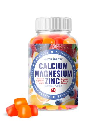 NutraPep Calcium Magnesium Zinc Supplement Gummies - with Vitamin D3 K2 Magnesium Glycinate - Orange Berry Flavored Vegan Sugar-Free Gluten Free Chewable for Men Women Kids