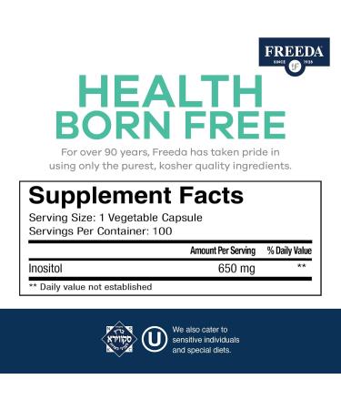FREEDA Pure Inositol Capsules - 650 mg Inositol Supplement from Myo-Inositol - Mood and Calm Support - Vegetarian and Kosher Certified Vitamin B8 (Inositol) Supplements - Made in USA (100 ct) - Buy Online on GoSupps.com