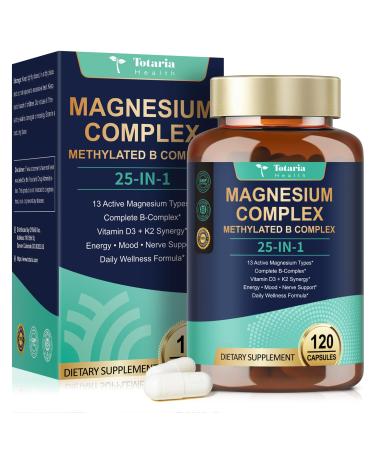 25-in-1 Magnesium Complex with Methylated B Complex Magnesium Glycinate Citrate Malate Taurate Gluconate Aspartate Carbonate D3 K2 Magnesium Supplement for Relaxation Energy & Nerve 120 Vegan Caps 120 Count (Pack of 1)