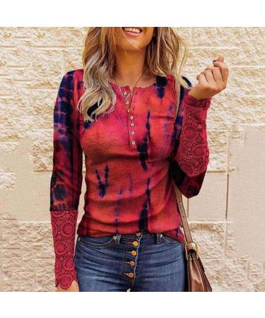 Women's Long Sleeve Lace Henley Tunic Blouse Slim Fit Red Ribbed Top - Buy Online on GoSupps.com