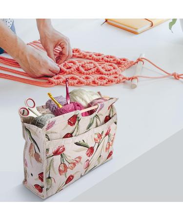 Exquisite Knitting Tote Bag with Wood Handle for Needles and Sewing Tools - Red Flower Design - Buy Online on GoSupps.com