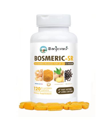 Bosmeric SR Turmeric Curcumin C3 Complex Boswellin PS Boswellia Frankincense Ginger BioPerine Black Pepper Bilayered Fast Acting & Sustained Release 8 hours Joint Immune Support & Relief - 120 Caplets - Buy Online on GoSupps.com