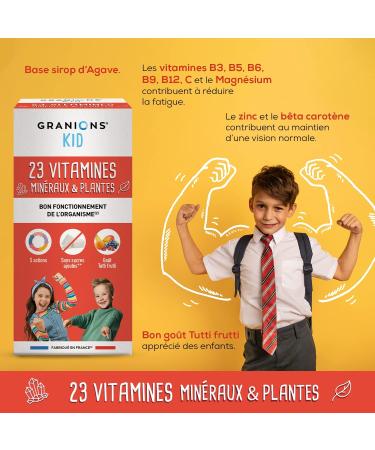 GRANIONS KID 23 VITAMINS AND TRACE ELEMENTS - Vitamins + Magnesium + Zinc + Beta Carotene + Calcium - Good Functioning of the Body - Tutti Frutti Flavor - For Ages 3 Years Aged - 200 ml - Made in - Buy Online on GoSupps.com
