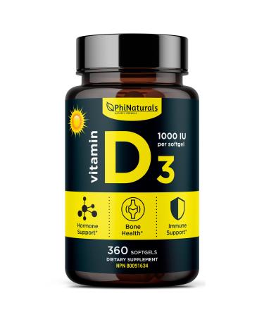 Vitamin D3 1000 IU Softgels 360 Count High Potency Vit D 3 Pills for Immune Support & Mood Extra Virgin Olive Oil for Max Absorption 1000iu Sunshine Vit. for Healthy Bones & Muscle Function