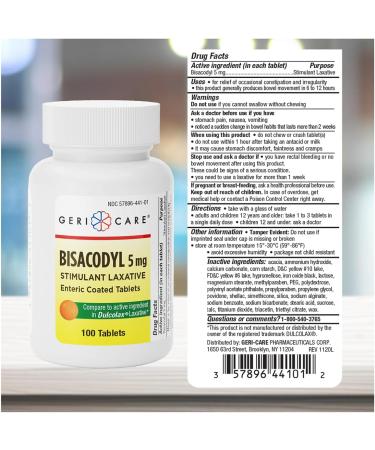 GeriCare Bisacodyl 5 mg Laxative Coated Tablet | Generic for Dulcolax | Stimulant Laxative | Gentle Overnight Constipation Relief 100 Count (Pack of 1) - Buy Online on GoSupps.com