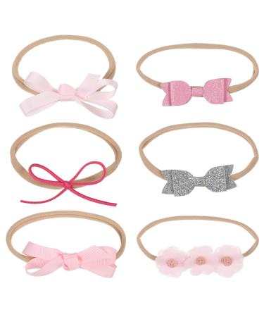 WUISOLQP 6 Pcs Baby Girls Headbands Baby Girls Flower Hair Band Nylon Bows Soft Stretchy Elastic Hairbands for Newborn Infant Toddlers Kids as Christmas Birthday Photography Hair Accessories (Pink) Combination one 6pcs