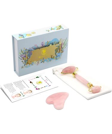 Sodacoda Gua Sha Set - Traditional Chinese Beauty Face Massage - Rose Quartz Scraper and Roller - Genuine Semi-Precious Stone from Madagascar - Buy Online on GoSupps.com