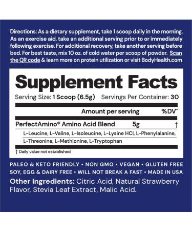 BodyHealth PerfectAmino XP Strawberry - Best Pre/Post Workout Recovery Drink - 30 Servings - Energy Supplement with 8 Essential Amino Acids - 50% BCAAs - 100% Organic - 99% Utilization - Buy Online on GoSupps.com