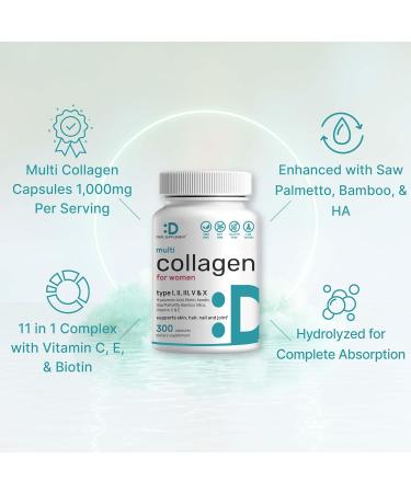 Multi Collagen Pills with Vitamin C E & Biotin 300 Capsules Hydrolyzed Collagen Peptides 11 in 1 Formula with Saw Palmetto Bamboo Silica & Hyaluronic Acid Hair Skin Nail & Joint Health - Buy Online on GoSupps.com
