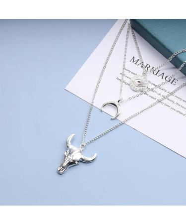 Boho Layered Moon Necklace & Silver Compass Disc Pendant - Cow Evil Eye Charm Jewelry for Women | Shop Unique Fashion Accessories - Buy Online on GoSupps.com