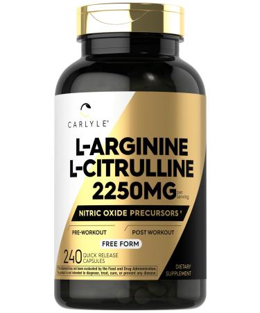 Carlyle L-Arginine L-Citrulline Supplement | 2250mg | 240 Powder Capsules | Nitric Oxide Precursors | Free Form | Non-GMO & Gluten Free